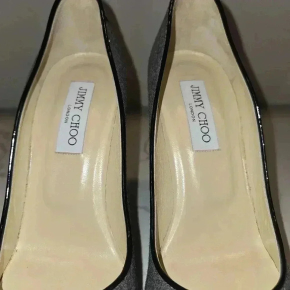 Jimmy Choo London Flannel Wool Patent Leather Platform Stiletto Heels Size 39 - Picture 7 of 10